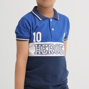 Boy wearing a royal blue, navy and white Heroes League cotton polo shirt with jeans