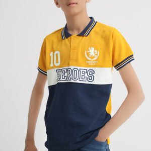 Front view of boys mustard yellow navy and white color block polo shirt