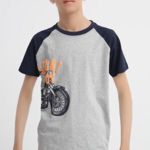 Grey and navy boys motorcycle graphic T-shirt with Stunt Boy print