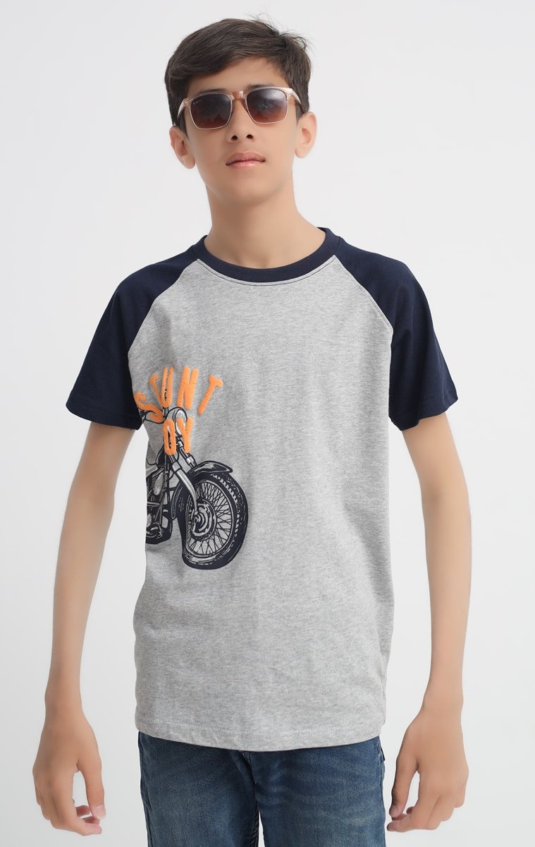 Grey and navy boys motorcycle graphic T-shirt with Stunt Boy print