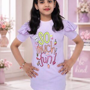 Girl wearing a lilac graphic cotton T-shirt with layered ruffle sleeves