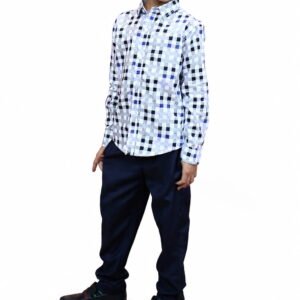 Boy wearing a white black and blue checkered full sleeve cotton shirt
