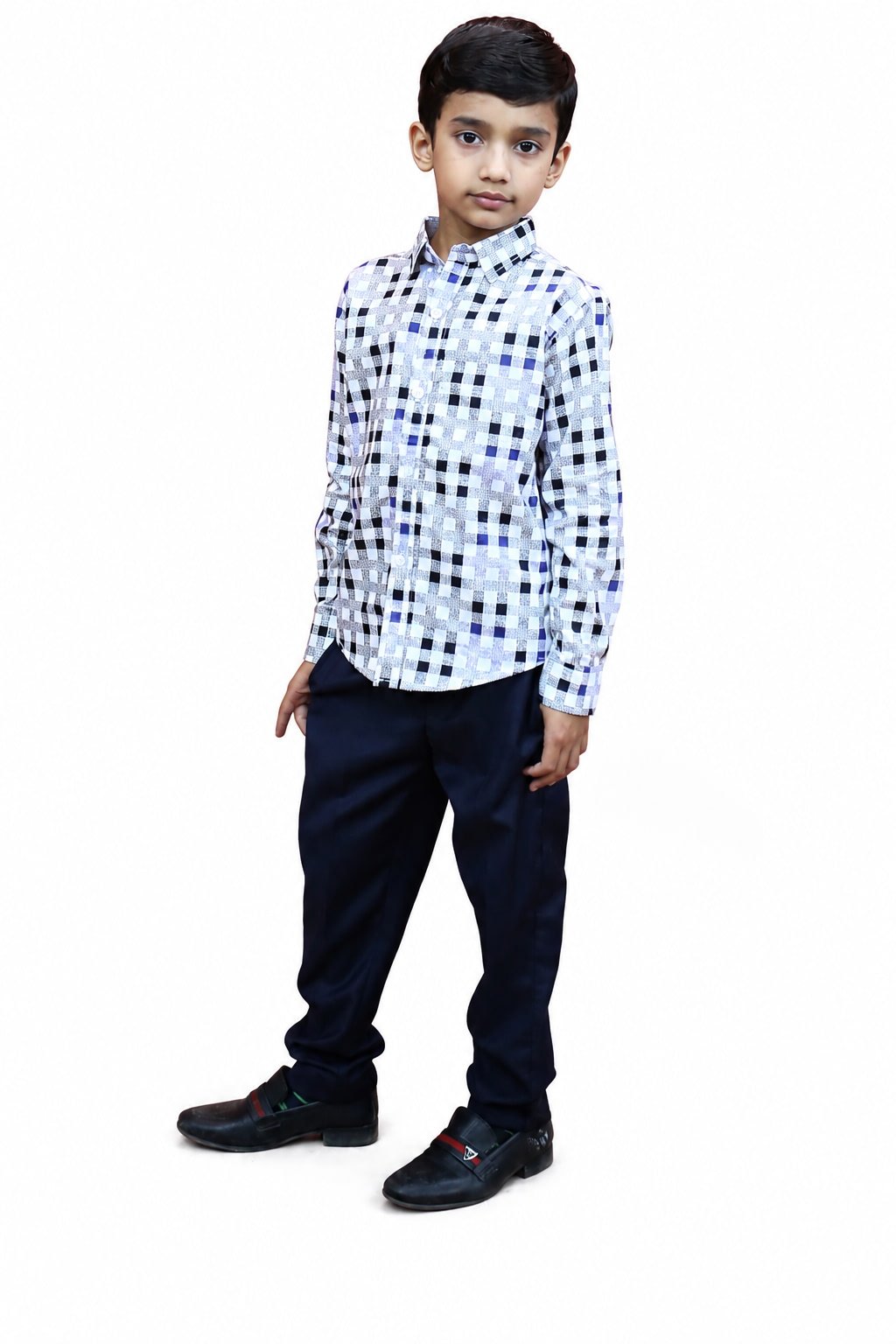 Boy wearing a white black and blue checkered full sleeve cotton shirt