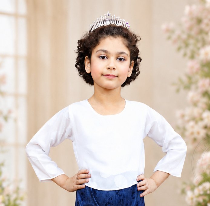 Girl wearing white and navy jumpsuit by Little Lux