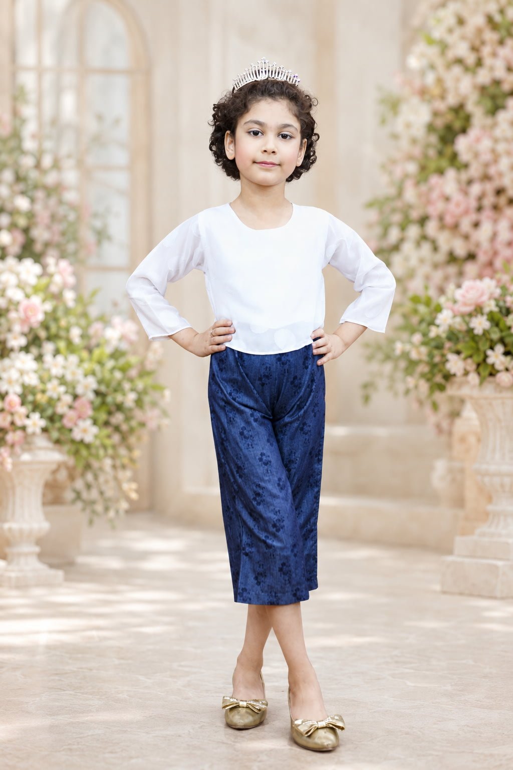 Full view of girls white and navy jumpsuit