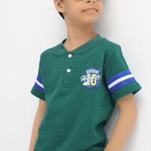 Front view of boys green Henley T-shirt with blue and white sleeve stripes