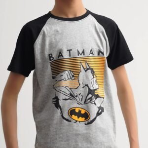 Boy wearing a grey and black Batman graphic cotton T-shirt