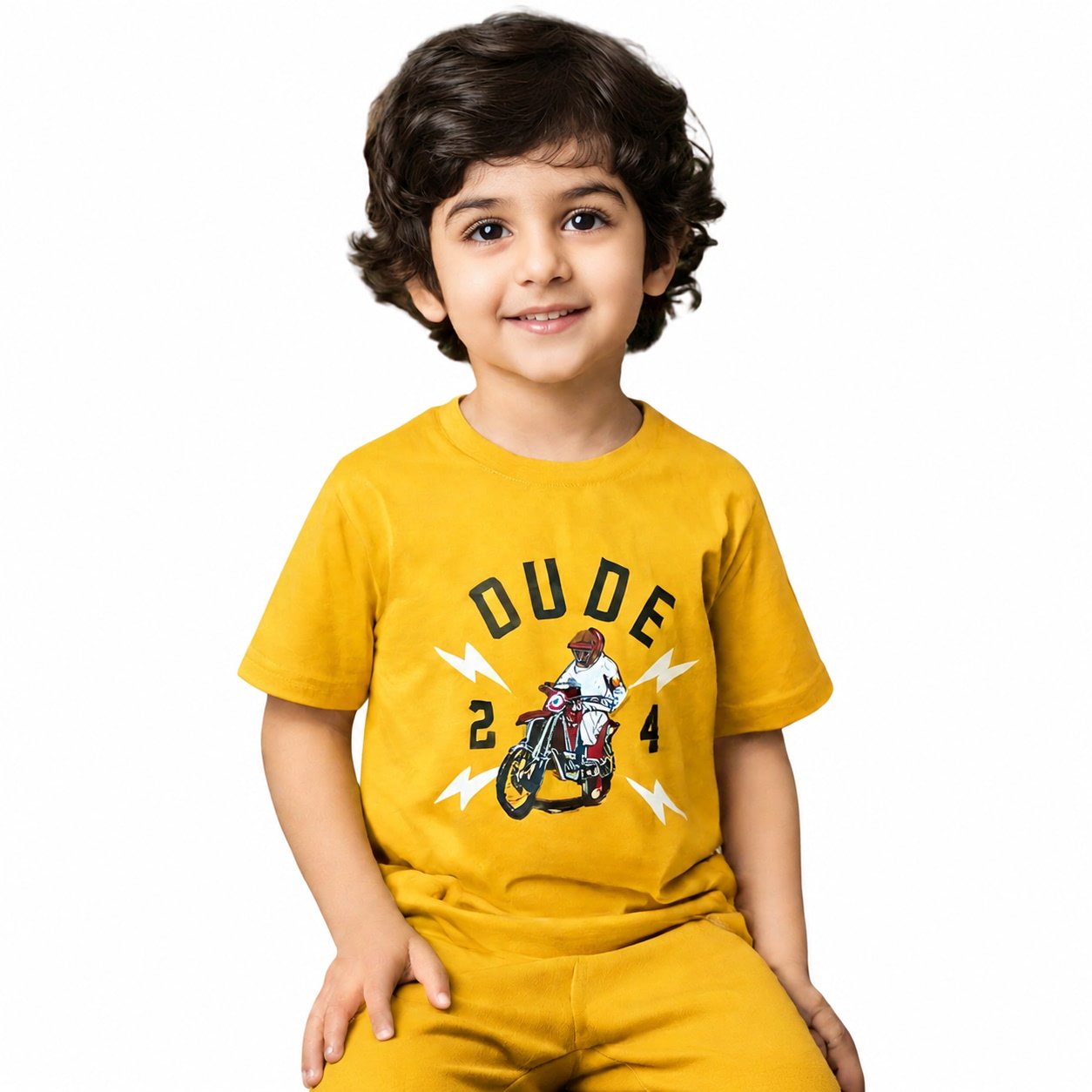 Young boy wearing a mustard yellow Dude 24 motorcycle graphic cotton T-shirt