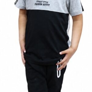 Front view of boy wearing a grey and black color block cotton T-shirt
