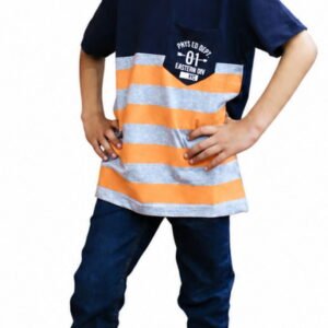 Front view of boy wearing a navy orange and grey striped cotton T-shirt