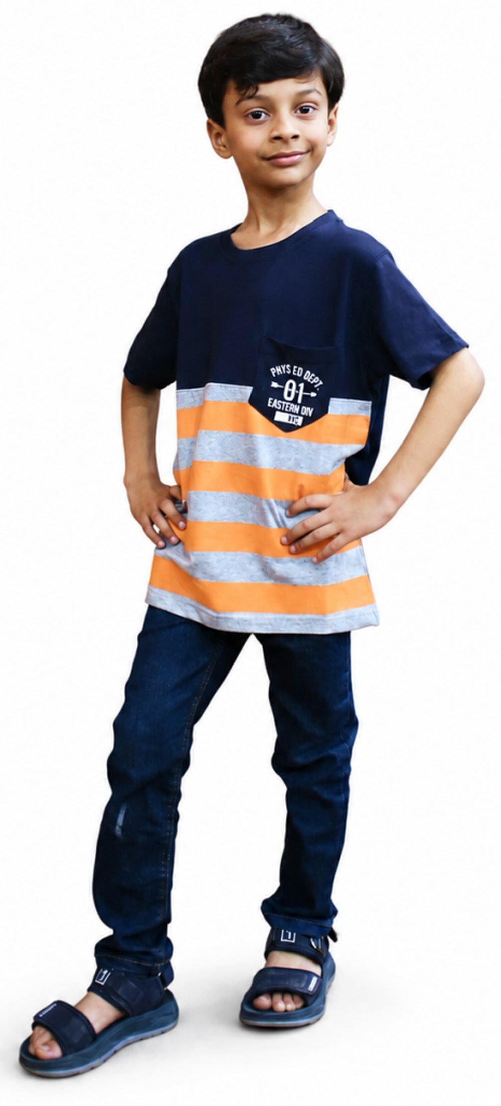 Front view of boy wearing a navy orange and grey striped cotton T-shirt