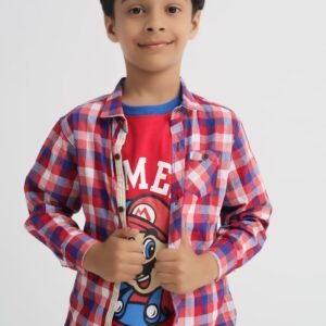 Boy styling a red blue and white plaid shirt over a graphic T-shirt