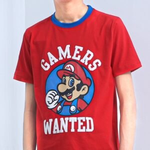Boy wearing a red Gamers Wanted graphic cotton T-shirt