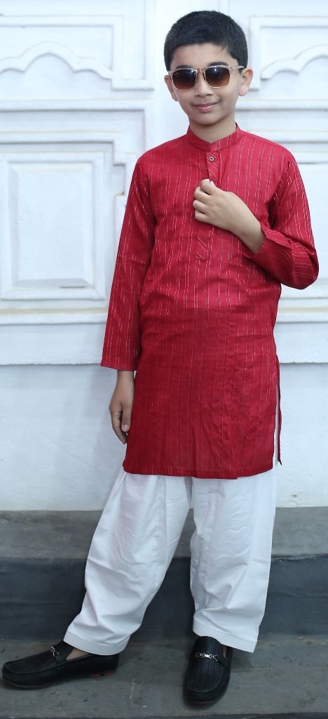 Front view of boys red kurta for Eid and festive wear