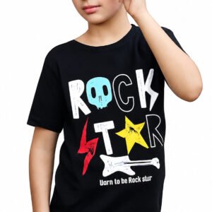 Boy wearing a black Rock Star graphic cotton T-shirt with sunglasses
