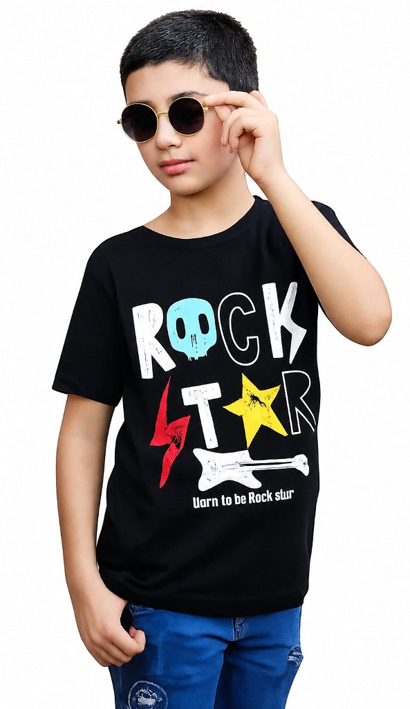 Boy wearing a black Rock Star graphic cotton T-shirt with sunglasses
