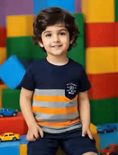 Young boy wearing a navy orange and grey striped cotton T-shirt