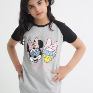 Front view of girls grey and black Best Friends graphic cotton T-shirt