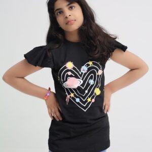 Girl wearing a black space heart graphic cotton T-shirt with ruffle sleeves