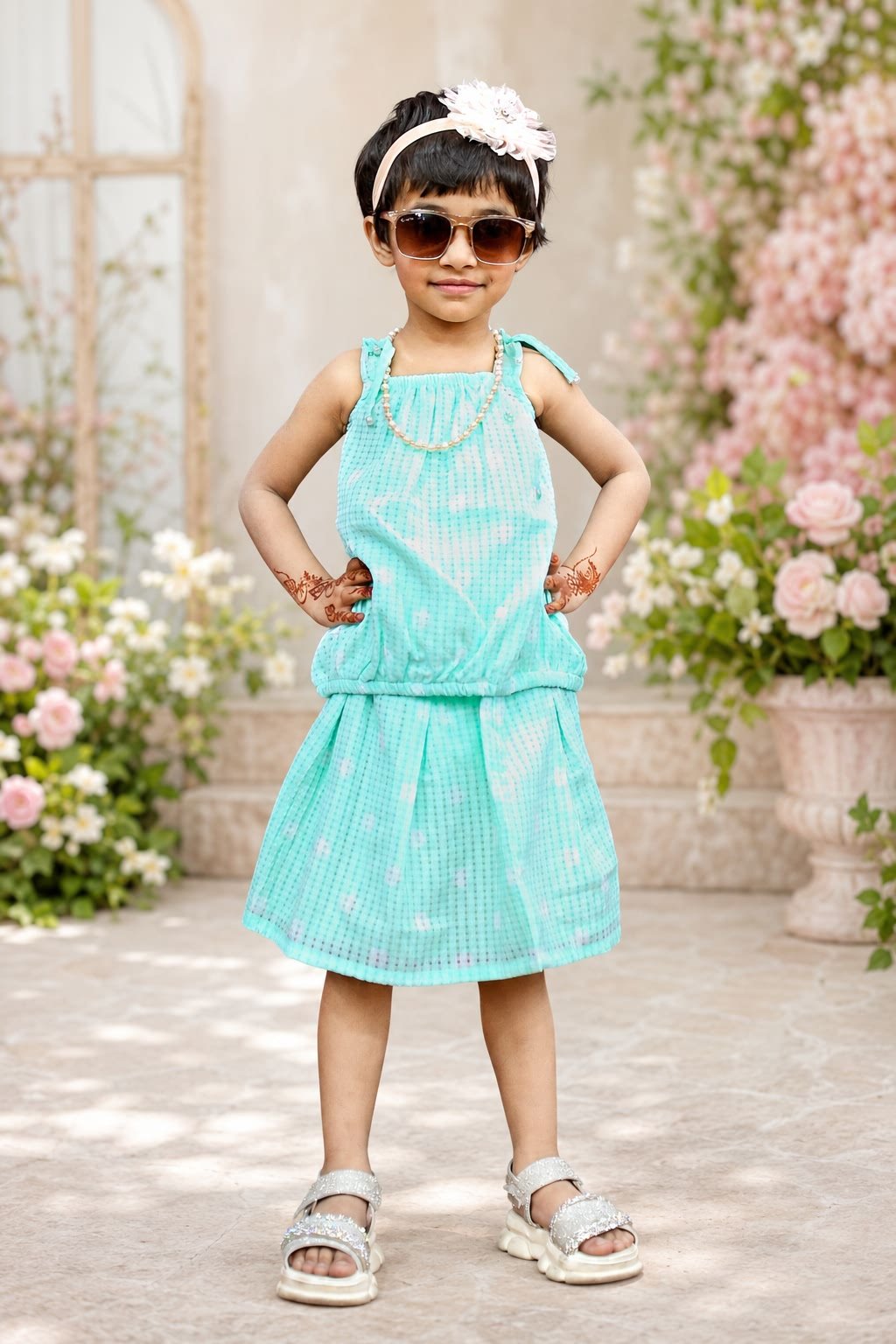 Girl wearing a mint green textured summer outfit with tie shoulders