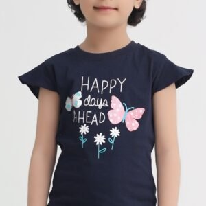 ALT Text: Girl wearing a navy blue butterfly graphic cotton T-shirt with flutter sleeves