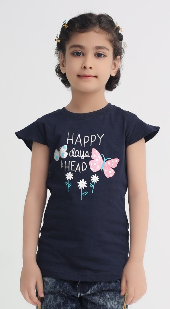 ALT Text: Girl wearing a navy blue butterfly graphic cotton T-shirt with flutter sleeves
