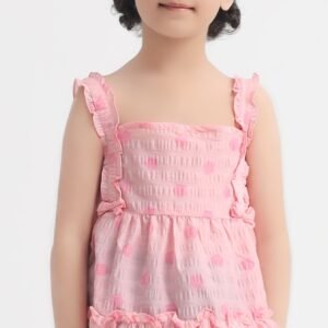 Front view of girls pink textured crinkle frock with ruffle straps