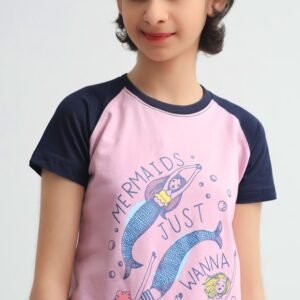 Front view of girls pink mermaid graphic cotton T-shirt with navy sleeves
