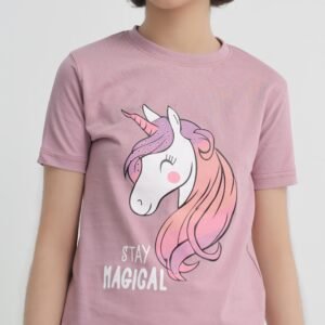 Girl wearing a dusty pink unicorn graphic cotton T-shirt