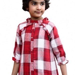 Front view of girls red checkered cotton blend frock with ruffles
