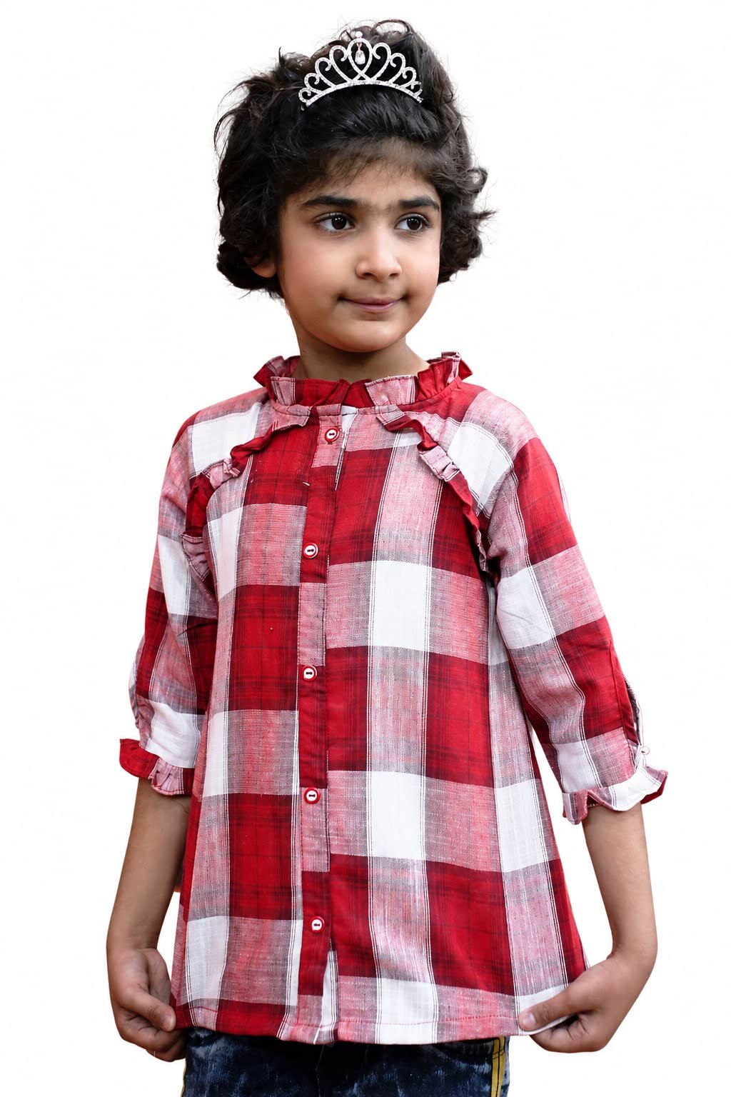 Front view of girls red checkered cotton blend frock with ruffles