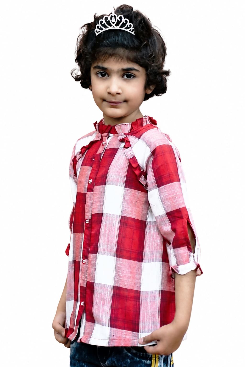 Girl wearing a red and white checkered ruffle frock